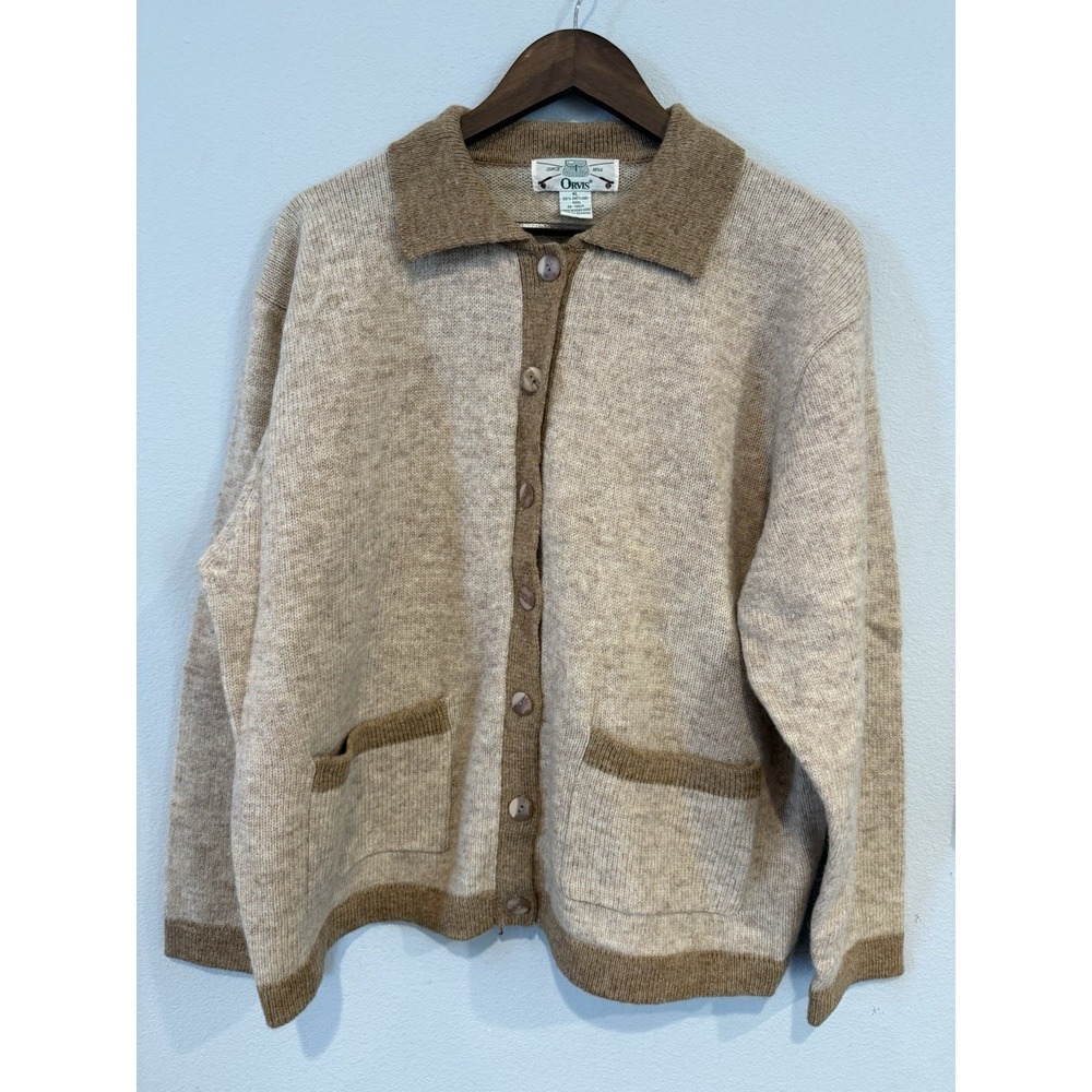 Vintage Orvis 100% Shetland Wool Cardigan Sweater XL Tan Brown Button Hong Kong
